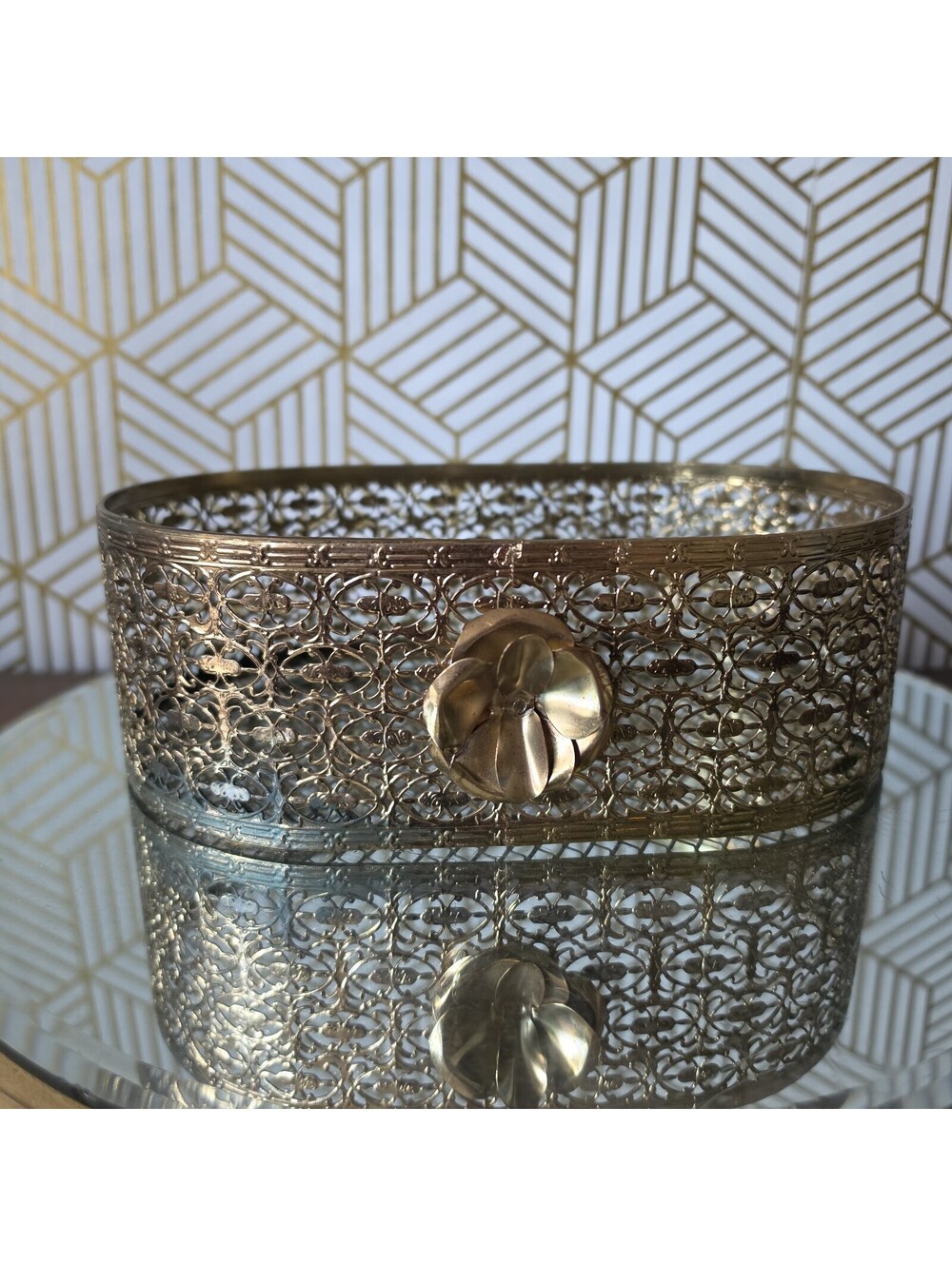 Vintage Hollywood Regency Style Gold Filigree Metal Basket Raised Floral Accent